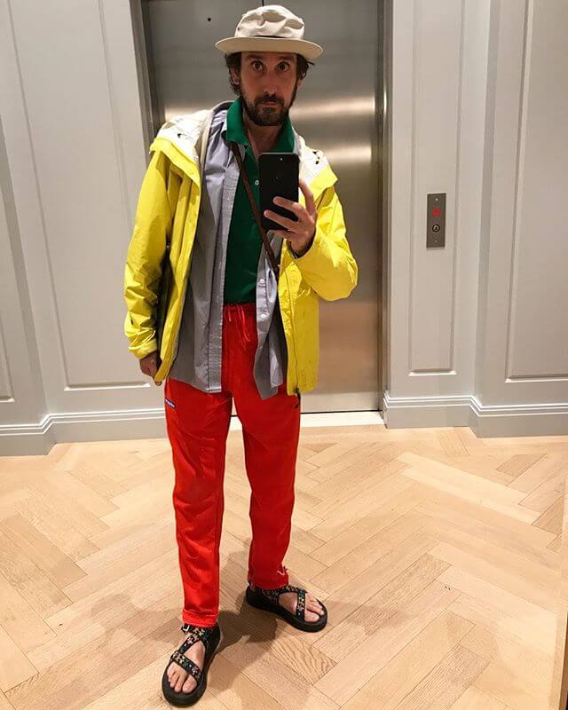 It rained today. I ESPECIALLY like color on rainy days. It makes me feel like a kid to wear all that color at once. I also like standing out from the crowd. NY is crowded! I almost carried a bag since these pants aren't meant for 'stuff' and thought about a fannypack but i'm kinda over them now that it's a starter pack kinda thing. I hesitated carrying a tote JUST for a rain jacket, but that's silly. So I put my stuff in the rain jacket pockets! 
I love my wife as I read this aloud to her while she's trying to relax on the couch.