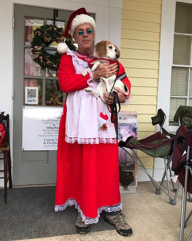 Dudes wife works at a thrift shop, the Mrs. Claus dress came in and he said he’s wearing it to work. His boss dared him and so he did. He runs security for WWE.